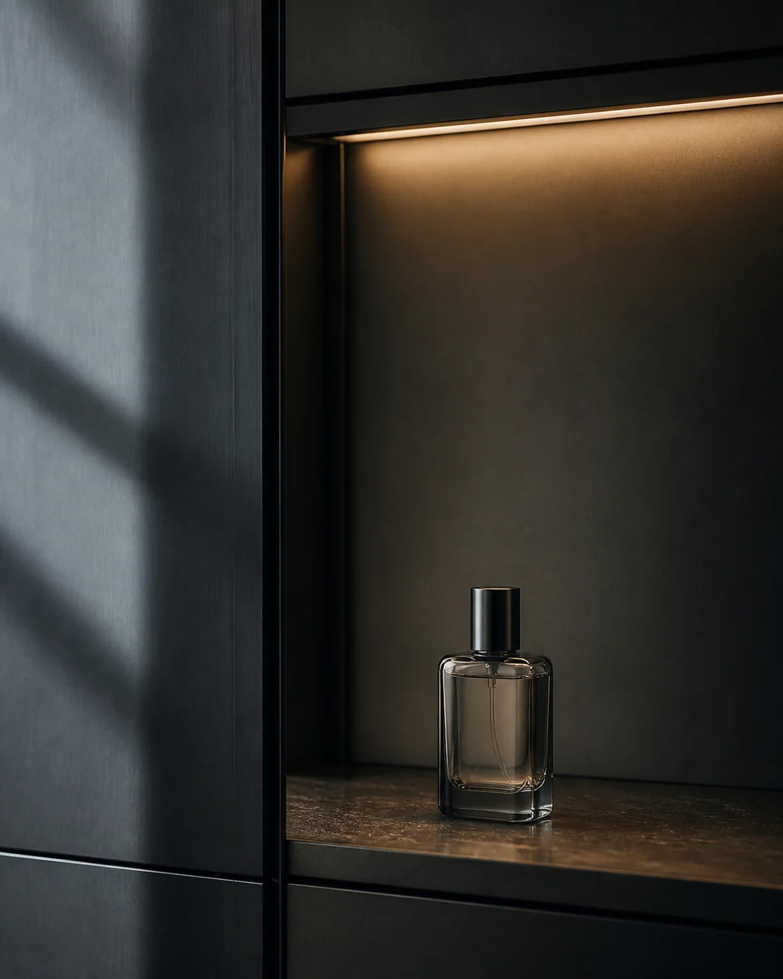 A single unbranded fragrance bottle inside a spacious charcoal cabinet