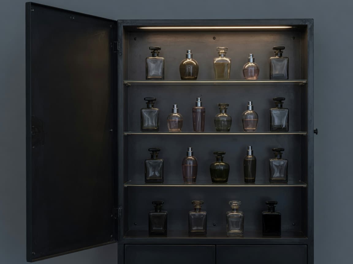 Steel cabinet holding a fragrance collection