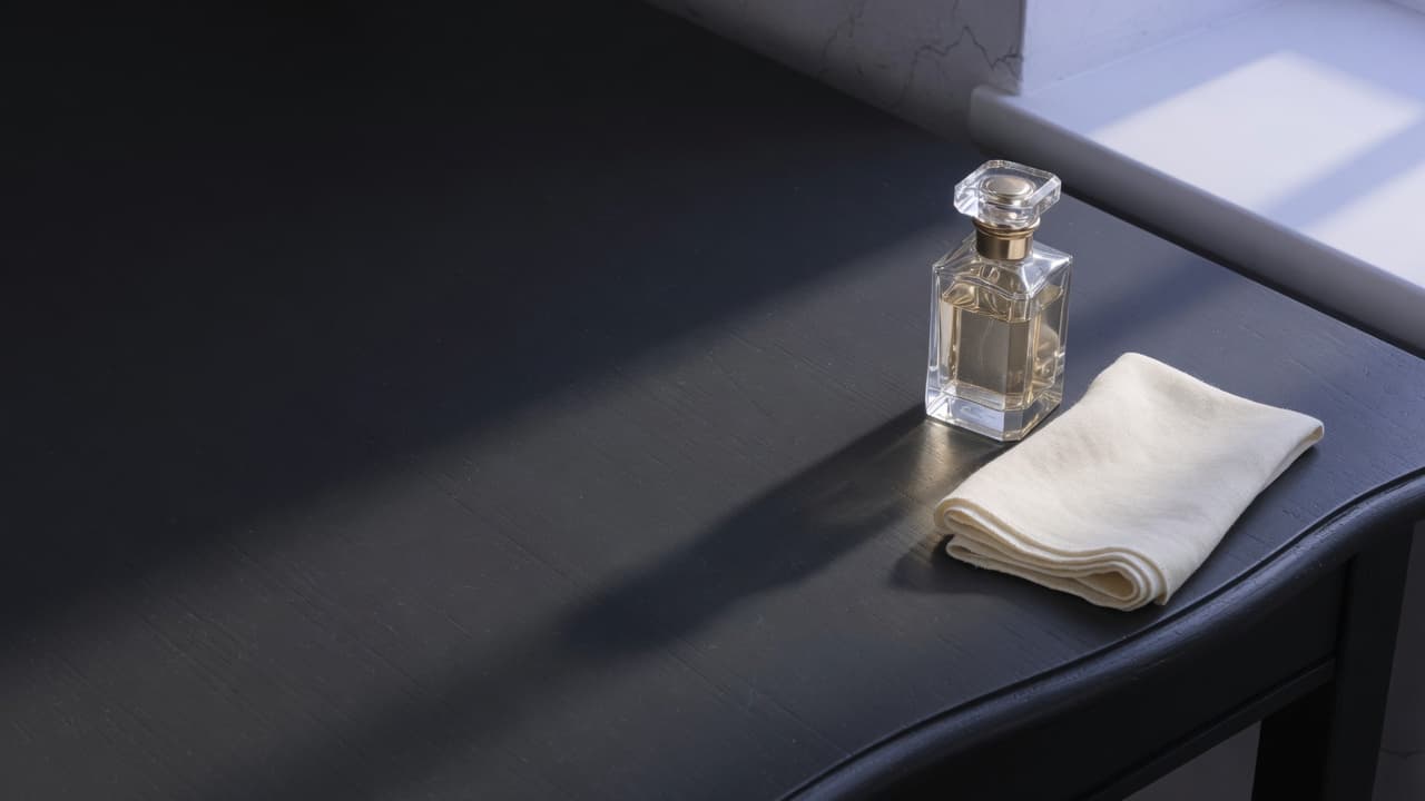 Single bottle on a dark dressing table