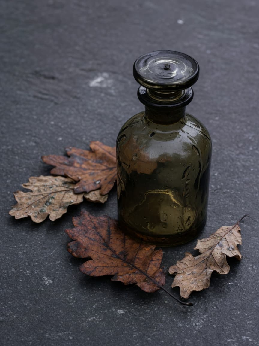 Dark glass bottle with oak leaves