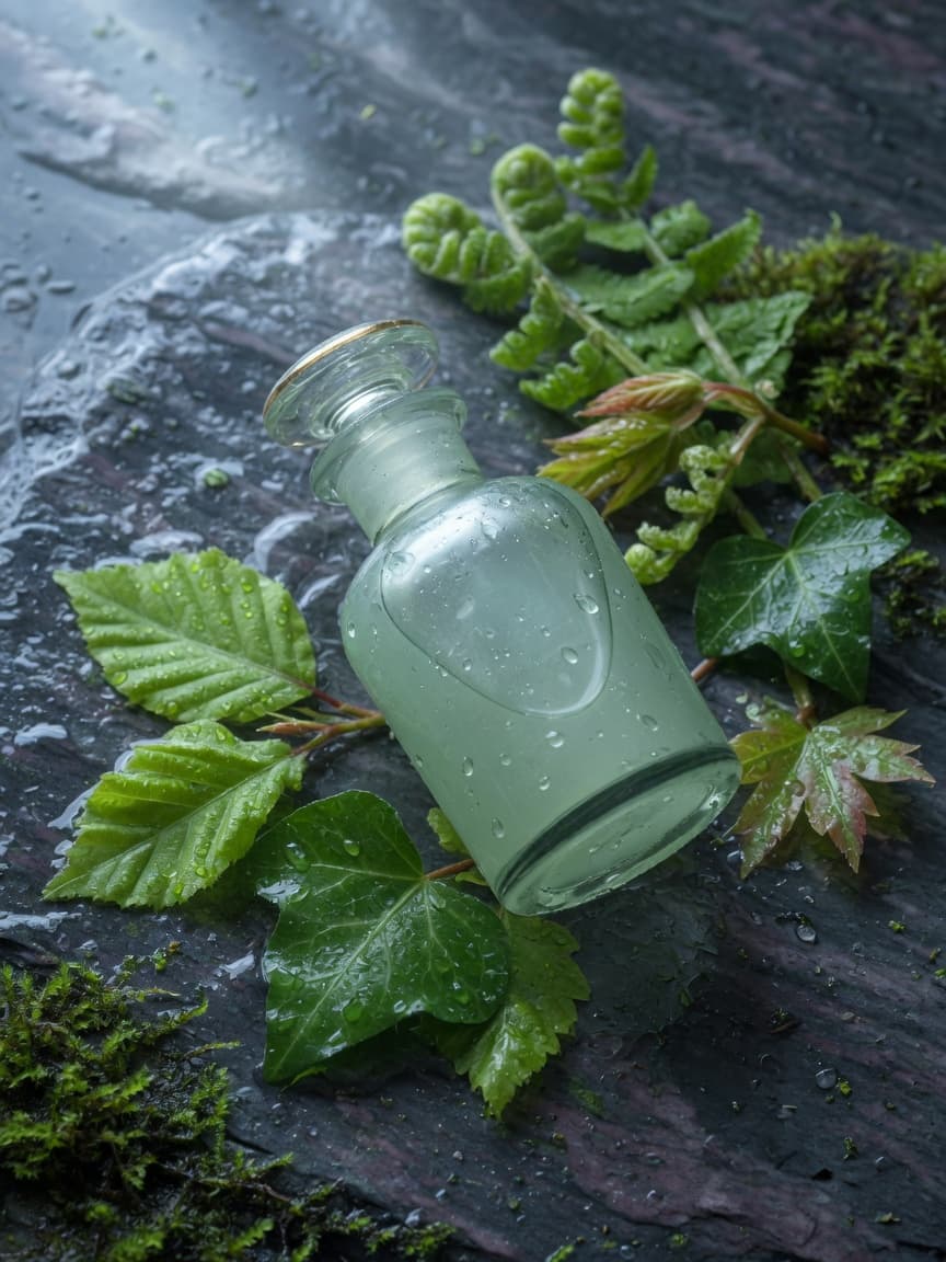 Green glass bottle with spring leaves