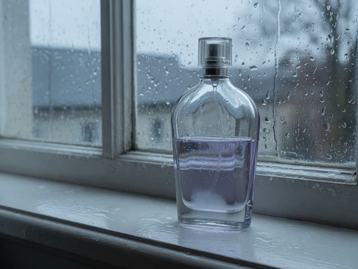 Perfume bottle on a rain-streaked windowsill