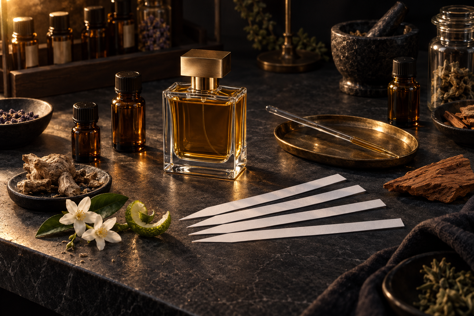 A perfumer's workbench with amber fragrance bottles, ivory scent blotters, a glass pipette, and botanical ingredients